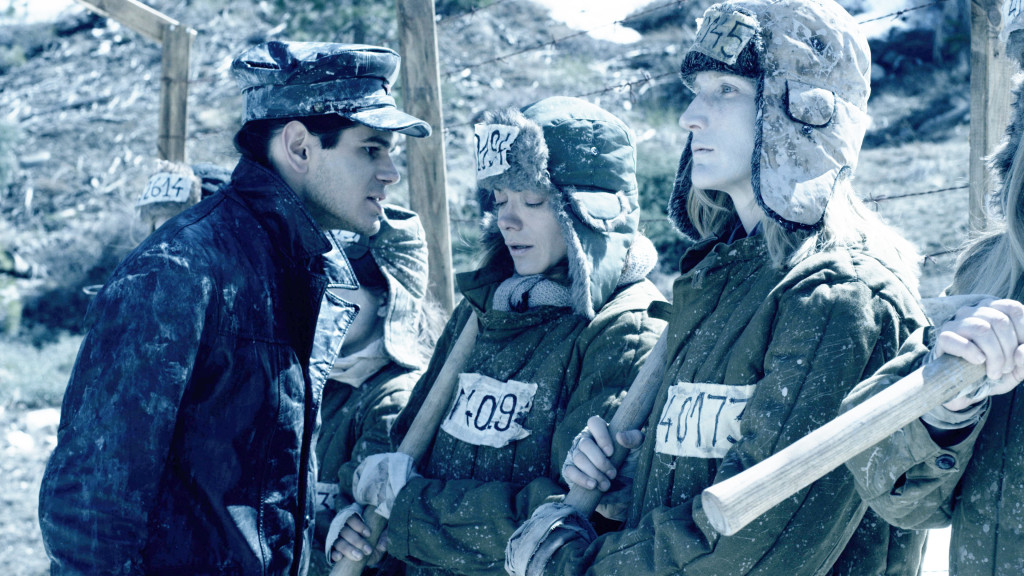 Gulag dissidents interrogated as they stand in formation. Nikos Siozos, Lana Hulevich, Tanya Mironowski.